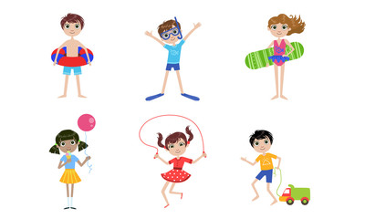 Summer Kids Outdoor Activities Set, Boys and Girls Swimming, Playing Toys, Jumping with Rope Vector Illustration