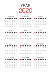 Fototapeta na wymiar Year 2020 calendar vector design template