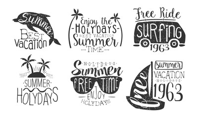 Enjoy Summer Holidays Retro Labels Set, Best Vacation, Free Ride Surfing Hand Drawn Badges Vector Illustration