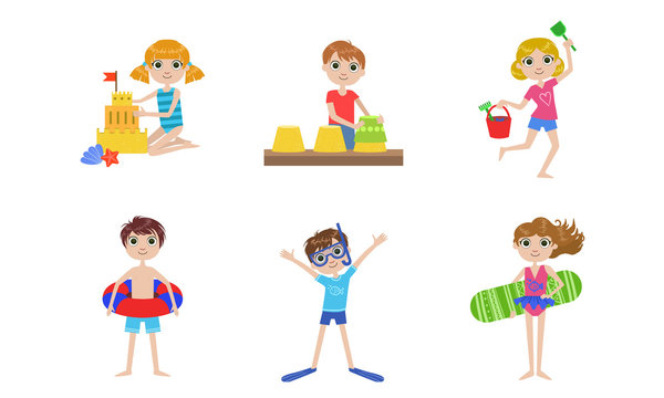 Summer Kids Outdoor Activities Set, Boys and Girls Swimming, Playing with Sand, Making Sandcastle Vector Illustration