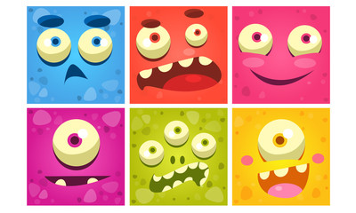 Funny Monster Faces Set, Colorful Square Emojis, Cute Emoticons with Different Emotions Vector Illustration © topvectors