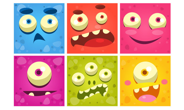 Funny Monster Faces Set, Colorful Square Emojis, Cute Emoticons with Different Emotions Vector Illustration