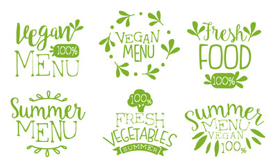 Fresh Vegan Menu Labels Set, Fresh Vegetables Summer Menu Hand Drawn Badges Vector Illustration