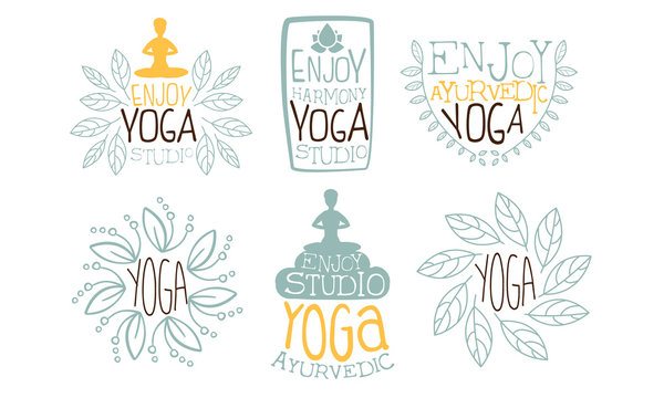 Ayurvedic Yoga Labels Set, Enjoy Yoga Studio Hand Drawn Badges Vector Illustration