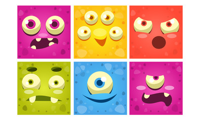 Funny Monster Faces Set, Colorful Square Mutant Emojis, Cute Emoticons with Different Emotions Vector Illustration