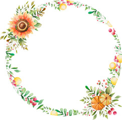 Watercolor Autumn Greeting Card. Watercolor autumn composition made of leaves, decorative sunflower and pumpkins. Thanksgiving card. Round frame isolated on white background.