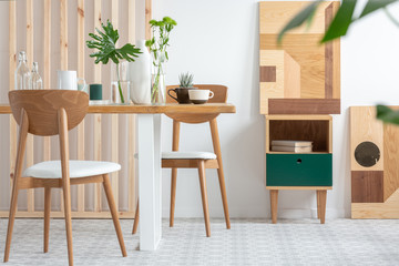 Green leafs in vases on long wooden table in trendy white dining room