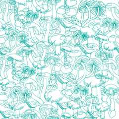 Seamless pattern with contour mushrooms on a white background. Abstract background for print, packaging, paper, textile design. Vector illustration