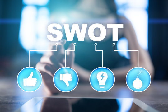 Swot analysis concept - a study by an organization to identify its internal strengths, weaknesses, as well as its external opportunities and threats.
