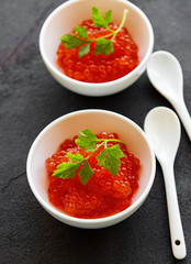 Red caviar in bowls