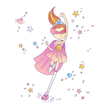 Superhero princess, little teen girl as a superhero vector cartoon illustration with gradients. Super hero girl running and fighting, brave princess, cute cartoon feminism concept about girls. Sticker