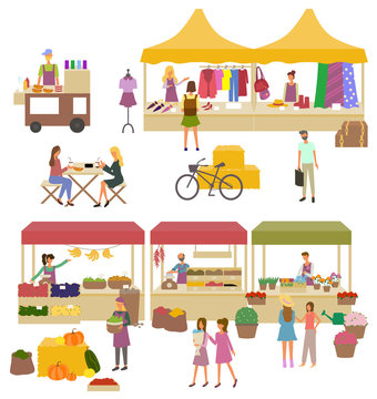 Marketplace with shops and stores vector. Fresh vegetables and fruits on boxes, flowers in pots, business of people at market. Clothes and clothing. Flat cartoon
