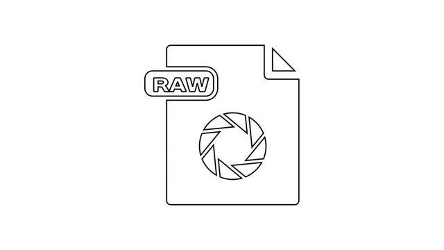 Black RAW file document. Download raw button line icon on white background. RAW file symbol. 4K Video motion graphic animation