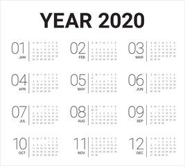 Year 2020 calendar vector design template