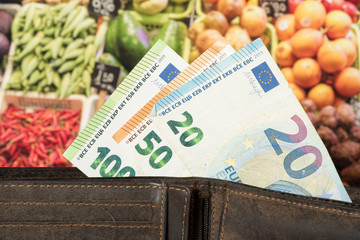 Geldbörse, Euro Geld und Lebensmittelpreise