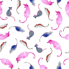 Seamless pattern with rat, mouse, symbol of New Year and Christmas 2020. Watercolor pattern for design background, wrapper, wallpaper, cover, packaging, wallpaper, invitation, greetings