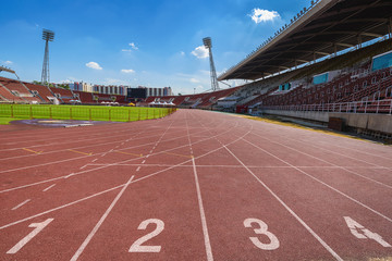 Part of a beautiful stadium that is prepared to compete in various competitive events.