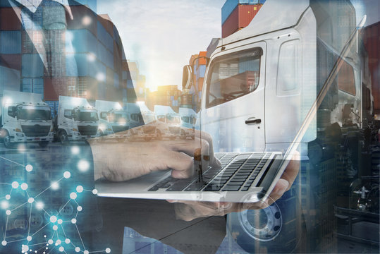 Multiple exposure of technology, business truck management transortation logistics.