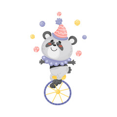 Panda on unicycle juggler. Vector illustration on a white background.