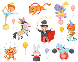 Set of cartoon performing circus performers. Vector illustration on a white background.