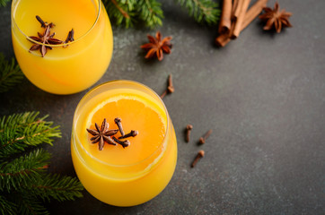 Obraz na płótnie Canvas Fall Winter Cocktail Hot Spicy Orange Punch with Spices. Holiday Concept Decorated with Fir Branches and Spices.