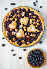 homemade blueberry pie on white wooden surface