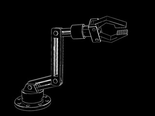 Robotic arm. Isolated on black background. Sketch illustration.