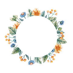 Floral round frame of watercolor wildflowers.