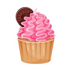 Cupcake with lush pink cream. Vector illustration on a white background.