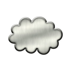 Metal badge with metallic border in form of cloud.