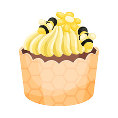Chocolate cupcake with yellow cream. Vector illustration on a white background.
