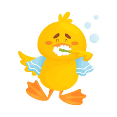 Cute duckling is brushing his teeth. Vector illustration on a white background.