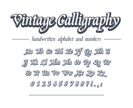 Vintage calligraphy. Hand drawn outline alphabet. Universal handwritten font for business logo design, package, banner heading. Retro style classic script. Modern vector typeface with letters, numbers