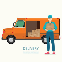 Service fast delivery with delivery man and truck.