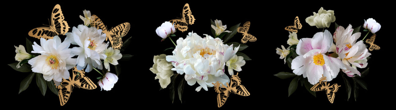 White peonies and golden butterflies. Bouquets set.