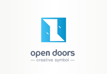 Obraz premium Open door, in and out creative symbol concept. Enter, exit, real estate agency abstract business logo idea. Home interior, doorway icon. Corporate identity logotype, company graphic design tamplate