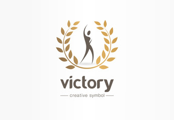 Obraz premium Victory, happy man and gold laurel wreath creative symbol concept. Champion, success abstract business logo idea. Award, win, winner icon. Corporate identity logotype, company graphic design tamplate