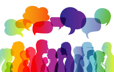 Dialogue group of diverse people. Communication between people. Crowd talking. Silhouette profiles. Rainbow colours. Speech bubble - obrazy, fototapety, plakaty