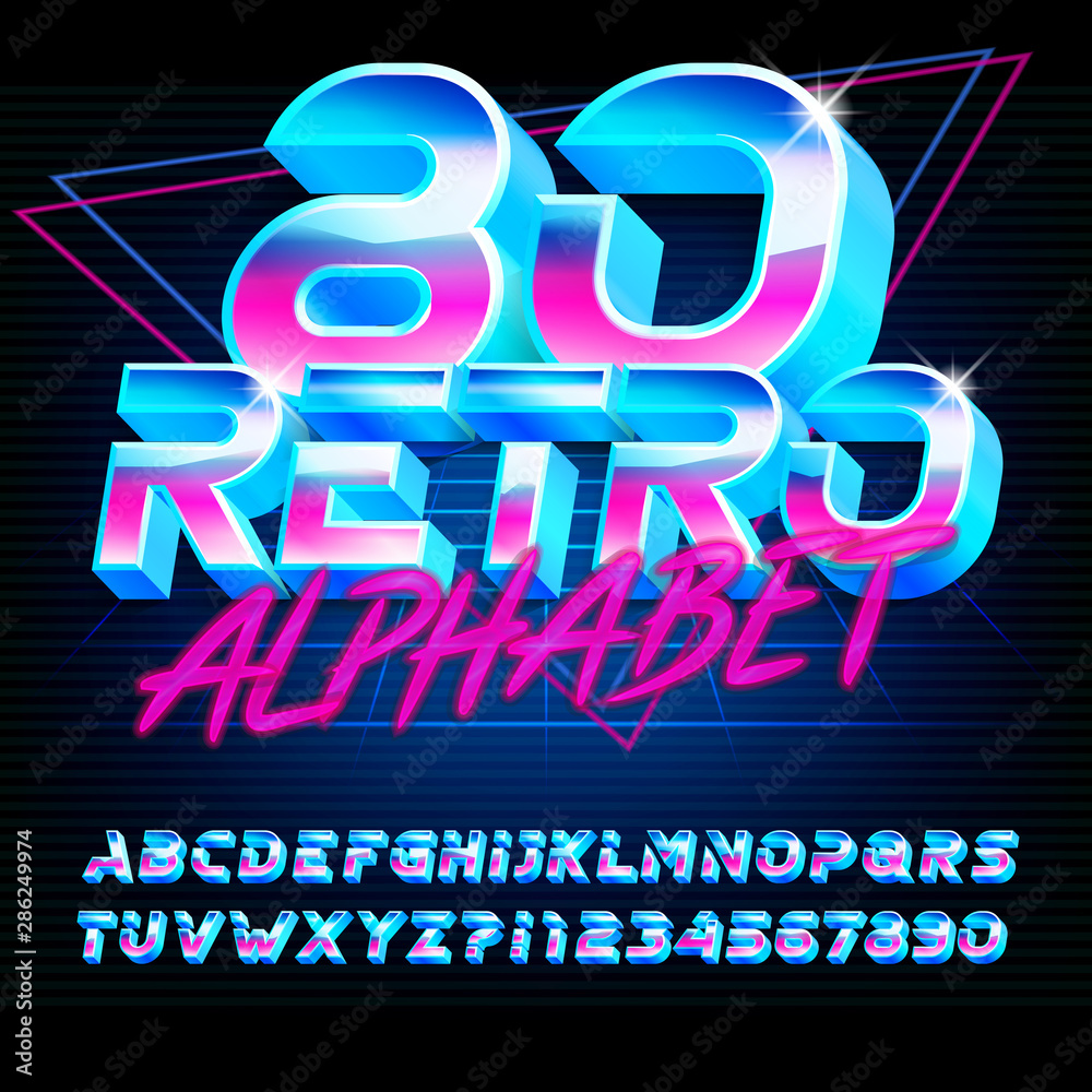 Fototapete 80 retro alphabet font. shiny 3d letters and numbers on dark background. stock vector typeface for y