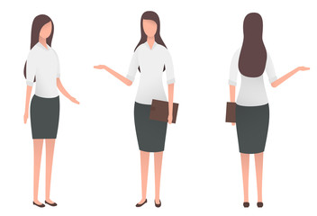 Colorful cartoon business woman, teacher or manager in casual clothes isolated on white background. Front, half side, back view. Modern flat vector illustration.