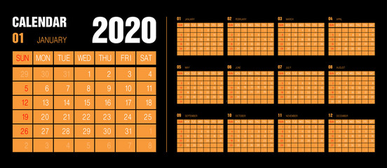 Calendar 2020 years. Vector set. Week starts on Sunday. Vertical English calender design template black white and orange