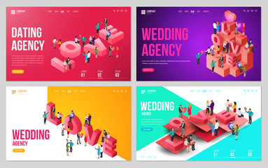 Set of design website, landing page or presentation template for wedding company or dating agency. Minimal modern concept. Isometric vector illustration.