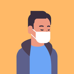 man wearing face mask environmental industrial smog dust toxic air pollution and virus protection concept male cartoon character portrait flat