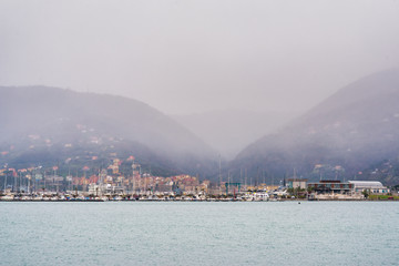 la spezia harbour in winter time during snow storm