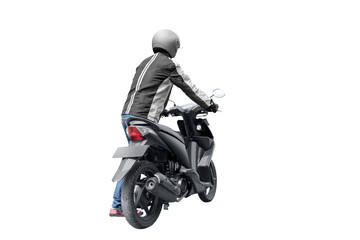 Rear view of Asian motorcycle taxi man pushes his motorcycle