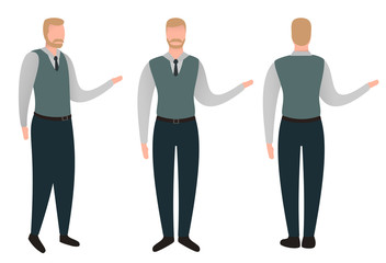 Colorful cartoon businessman, teacher or manager in casual clothes. Front, half side, back view. Modern flat vector illustration.