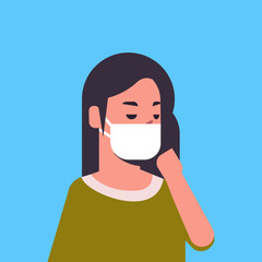 woman wearing face mask environmental industrial smog dust toxic air pollution and virus protection concept female cartoon character portrait flat