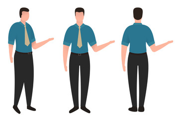 Fototapeta na wymiar Colorful cartoon businessman, teacher or manager in casual clothes. Front, half side, back view. Modern flat vector illustration.