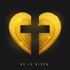 Christian cross with golden heart in minimal trendy geometric paper cut style. Creative modern religious concept. Colorful vector illustration. Background for greeting card, banner, cover.