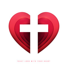 Fototapeta premium Christian cross with red heart in minimal trendy geometric paper cut style. Creative modern religious concept. Colorful vector illustration. Background for greeting card, banner, cover.